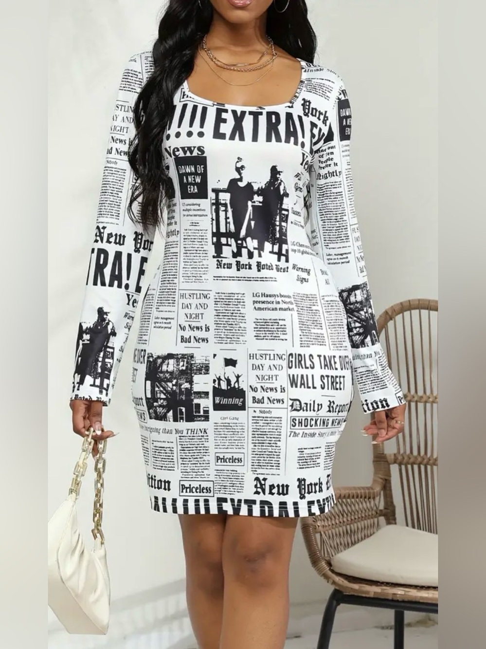 Fashion Nova Black & White Newspaper Print Long Sleeve Bodycon Dress